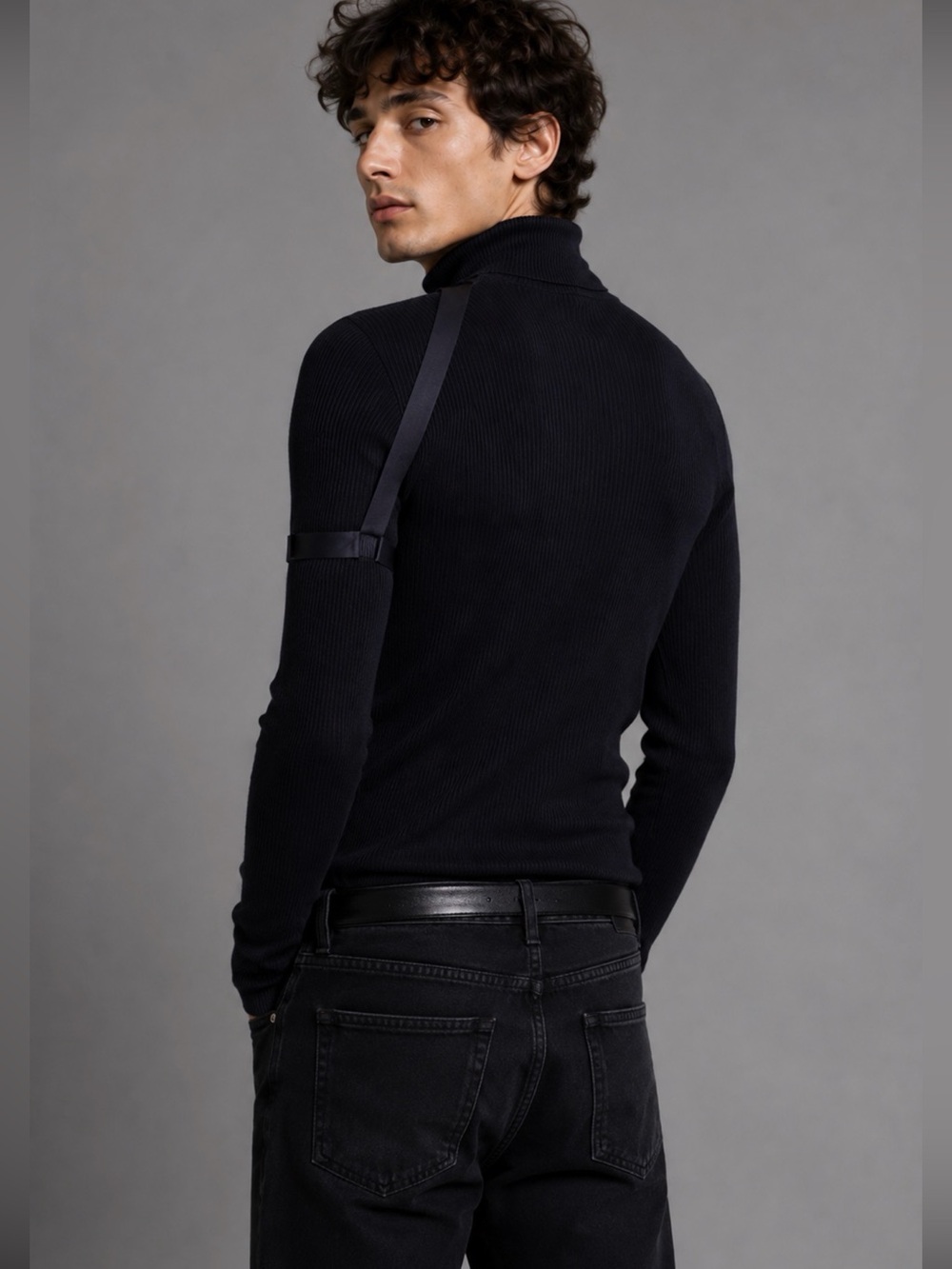 Helmut Lang Turtleneck Top L Darkest Navy Ribbed Harness Arm Strap Stretch